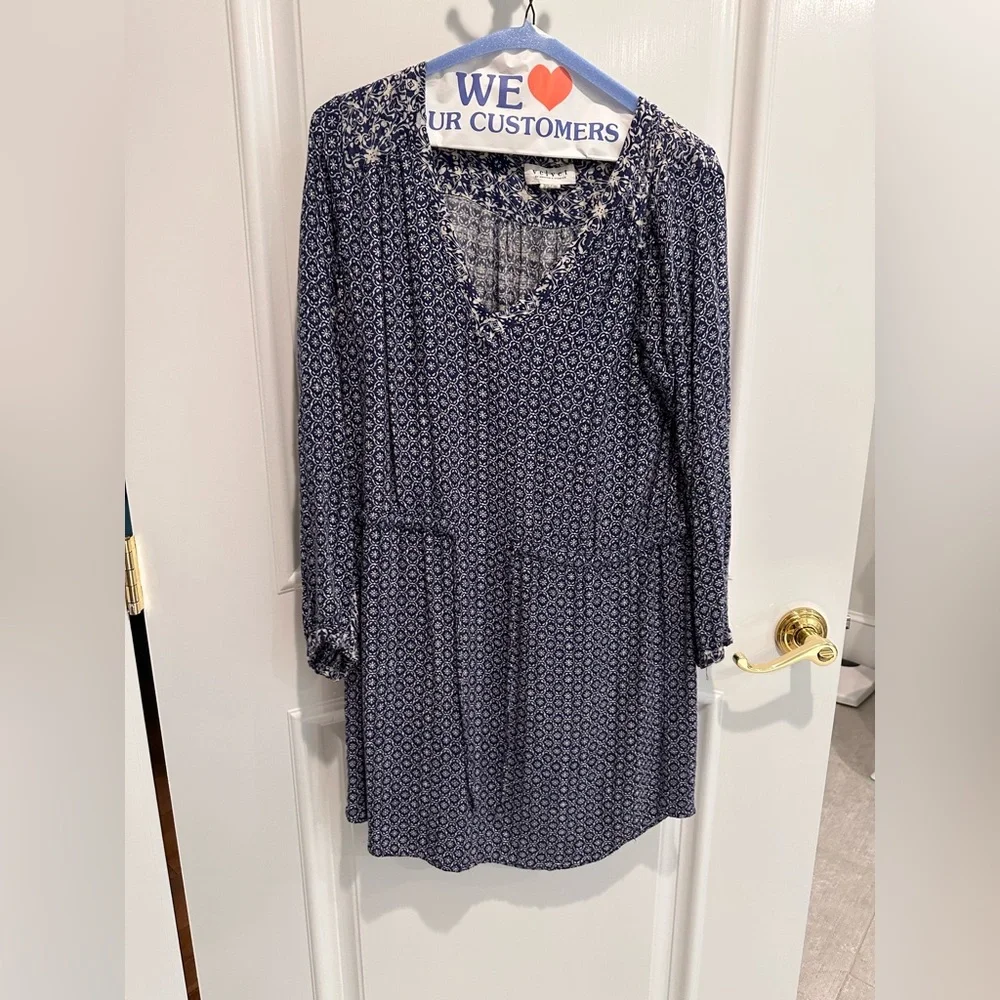 Velvet Blue Patterned Drawstring Dress - Picture 2 of 6